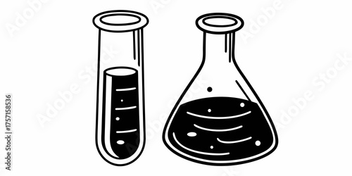 Illustration of a test tube and a flask containing dark liquid on a white background drawn in black ink