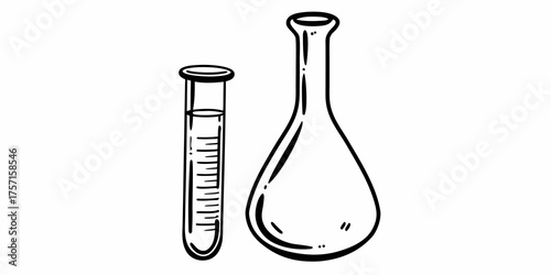 Illustration of a test tube with liquid and a flask side by side in black and white style image