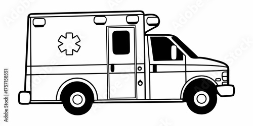 Outlined ambulance with star of life and black tires in a side view on a white background image