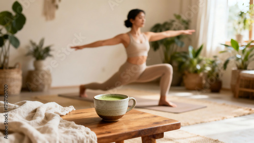 Concept of Health and Vitality with Menopause Support Drink and Matcha in Background, Woman Practicing Yoga in Spacious Room – Balance, Harmony, and Health Awareness