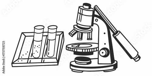 Illustration of a microscope and two test tubes in a tray science equipment for laboratory work shown