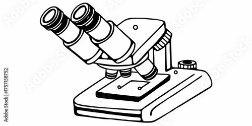 Illustration of a black and white microscope with dual eyepieces and a rectangular specimen stage