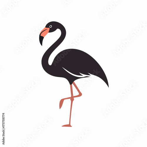 Minimalist black flamingo illustration standing on one leg with pink beak