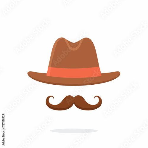 Sophisticated brown fedora hat with a distinct coral band paired with a stylish curled mustache illustration design