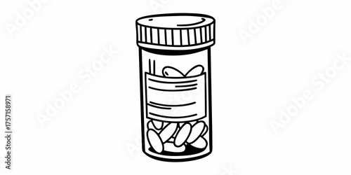Illustration of a plastic medicine bottle filled with pills and a label in black and white outline