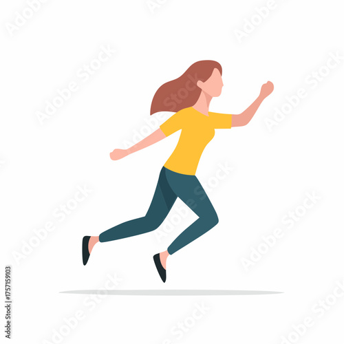 Woman running fast forward with determined expression and raised arm