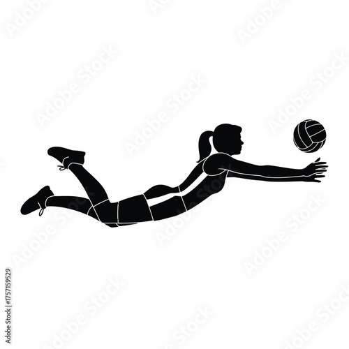 Dynamic volleyball player silhouette diving for a ball in motion vector illustration silhouette vector illustration white background