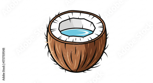 Half coconut with refreshing blue water inside, featuring a rough brown outer shell and white inner flesh, an isolated tropical fruit illustration on white.