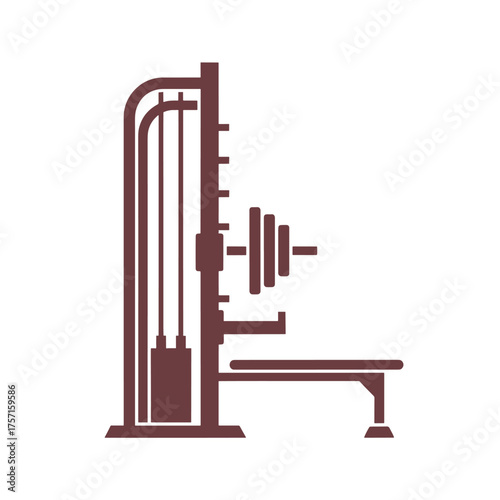 Brown weight bench and rack with barbell weights on white background fitness exercise