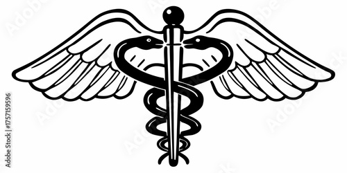 Illustration of caduceus symbol with two snakes wrapped around a winged staff in black and white style