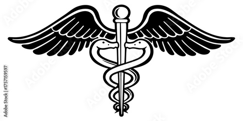 Black and white caduceus symbol with two snakes and wings in a medical health care illustration