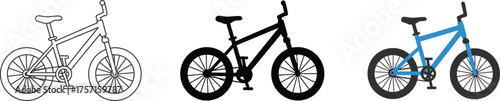 Three bmx bicycles in various styles including sketch outline silhouette and blue color for cycling and sports representation vector