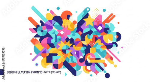 Abstract colorful geometric composition bursting with vibrant shapes and dynamic elements, creating a modern and energetic vector illustration.