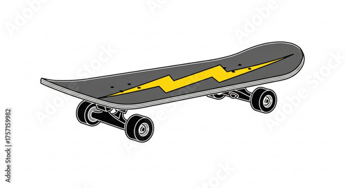 Skateboard with a vibrant yellow lightning bolt graphic illustration, depicting a dynamic street sport equipment, isolated for energetic and youthful designs.