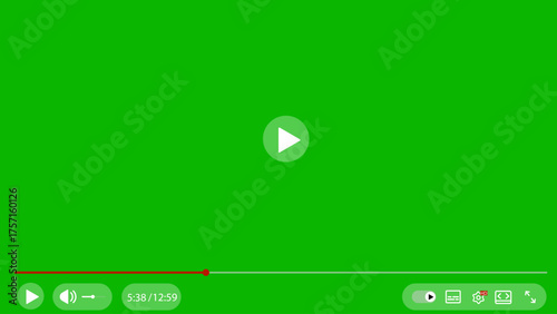 Video player interface vector illustration with a white play button in center, red progress bar, and media and sound controls on green background. Video player UI mockup