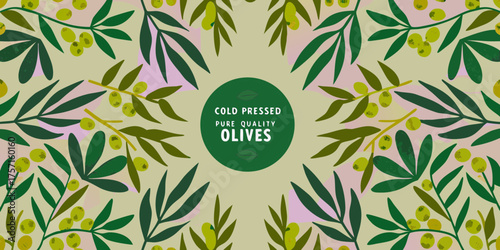 Hand drawn olive branches with green olives and text cold pressed pure quality olives