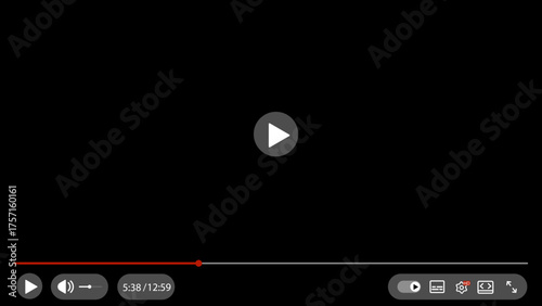 Online video player interface vector illustration with a white play button in center, red progress bar, and media and sound controls on dark background. Video player UI mockup