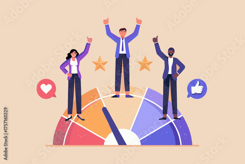 Diverse team celebrating high performance and customer satisfaction on a rating gauge with stars and feedback icons