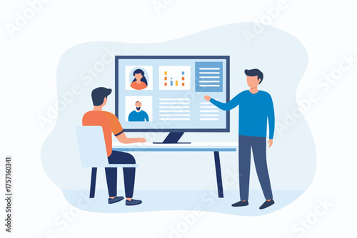 Two men collaborating on a presentation with charts and data displayed on a large computer screen