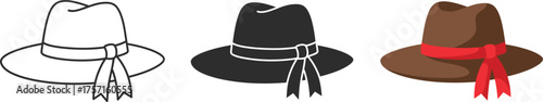 Classic fedora hat trio showing line art silhouette and realistic color styles for fashion and accessory designs vector