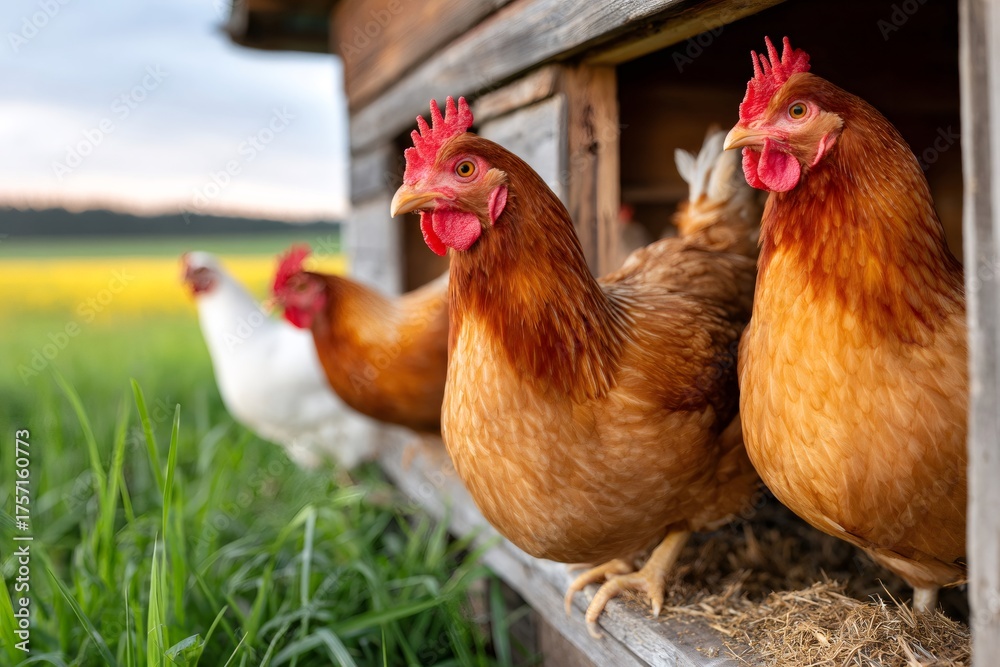 Fototapeta premium Free range hens standing at chicken coop entrance