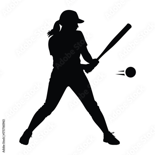 Silhouette illustration of a female baseball player swinging a bat during a game vector graphic silhouette vector illustration white background