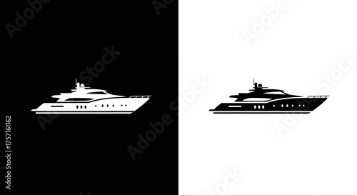 Luxury superyacht silhouette in black and white vector illustration.