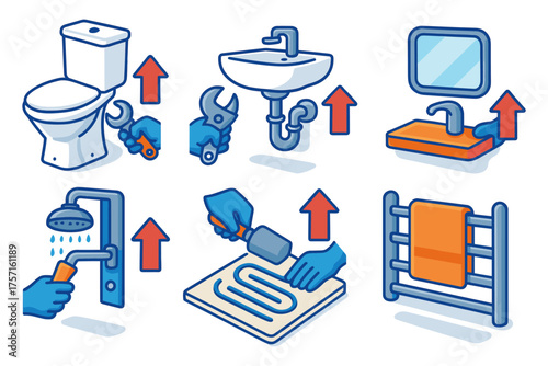 Isometric plumbing installation icons , toilet, sink, pipe, shower, towel dryer