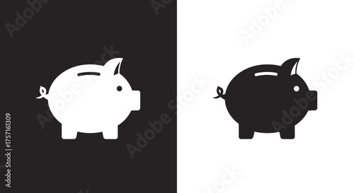 Simple Piggy Bank Icon Vector Set in Black and White for Financial Design