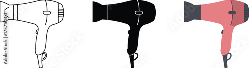 Three stylized representations of a pink hair dryer including a sketch silhouette and a realistic product shot isolated on white vector