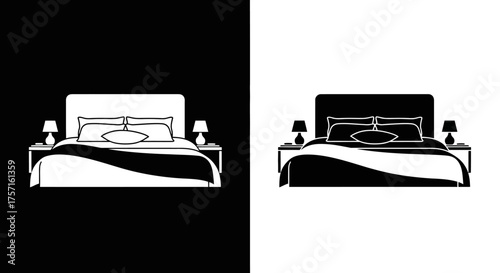 Minimalist black and white bed with lamps illustration.
