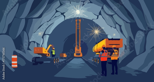 Constructing the Future: An Illustration of Engineers and Machinery in a Tunnel, showcasing the process of tunnel construction, symbolizing progress and infrastructure development.