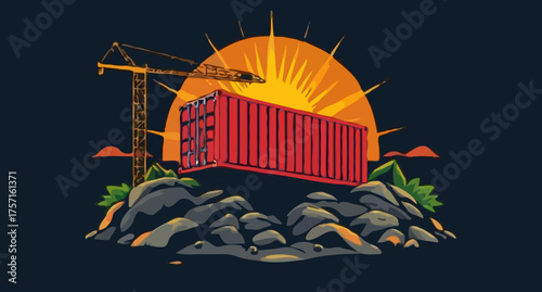 Container Rising: A vibrant illustration of a cargo container suspended mid-air, lifted by a crane against the backdrop of a radiant sunrise over a rocky landscape.