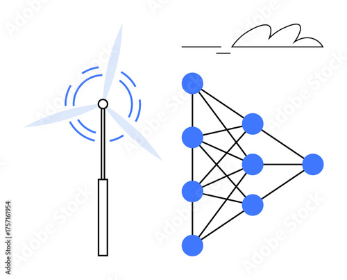 Wind turbine linked to neural network nodes against a minimal cloud design. Ideal for green energy, artificial intelligence, innovation, technology, automation, sustainability, and renewable resource