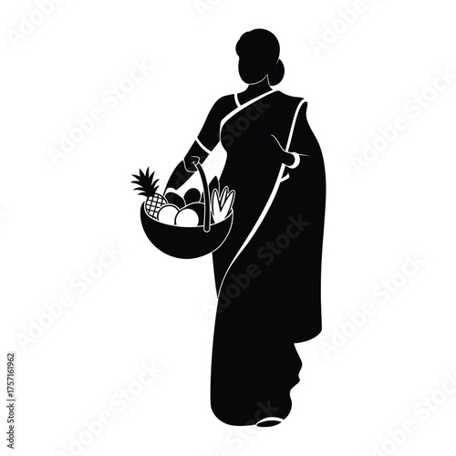 Silhouette illustration of a woman in traditional saree carrying a basket vector scalable eps icon silhouette vector illustration white background