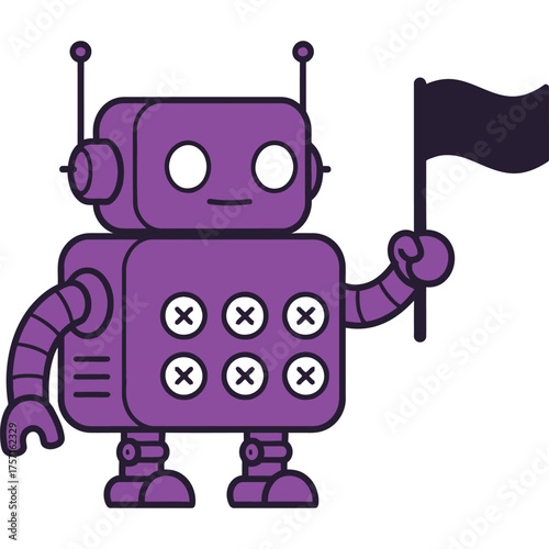 Cute Purple Robot Holding a Flag Illustration cartoon android technology machine artificial intelligence