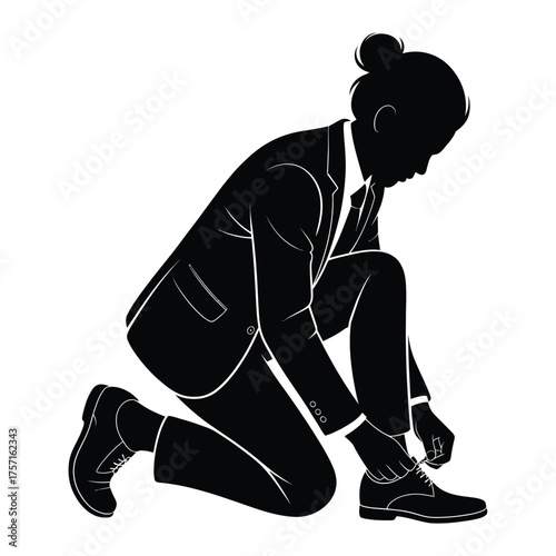 Vector illustration silhouette of business person tying shoes kneeling focused professional attire silhouette vector illustration white background