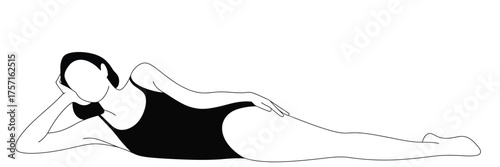 Minimalist black and white line drawing of a woman in a swimsuit lying down relaxing silhouette vector illustration white background
