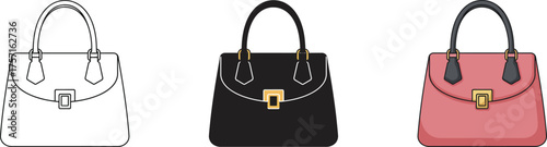 Stylish handbags collection featuring a sketch and two distinct colored purses for fashion and accessory design concepts vector