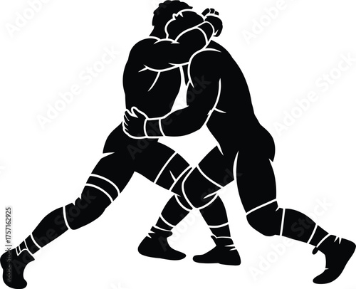Dynamic silhouette illustration of two wrestlers in intense combat action silhouette vector illustration white background