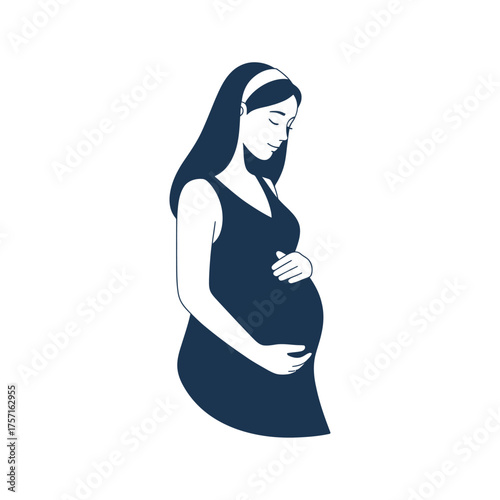 Minimalist vector illustration of a pregnant woman holding her belly in a declarative style eps silhouette vector illustration white background