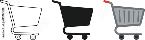 Three distinct shopping cart icons representing online retail and e-commerce with varying styles from outline to solid fill and detailed rendering vector