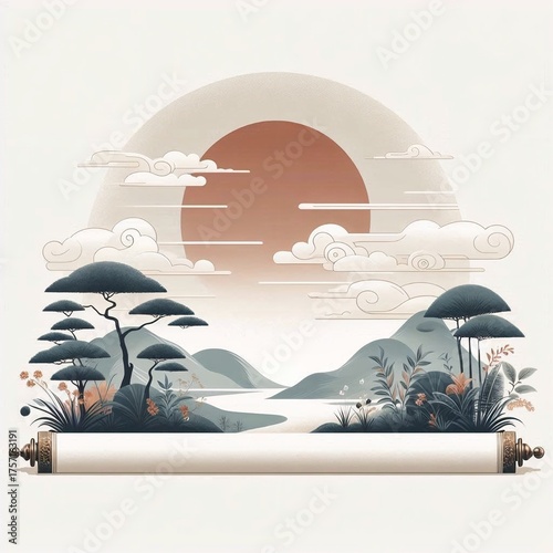 Abstract landscape design with mountains, sun, and clouds in pastel tones  