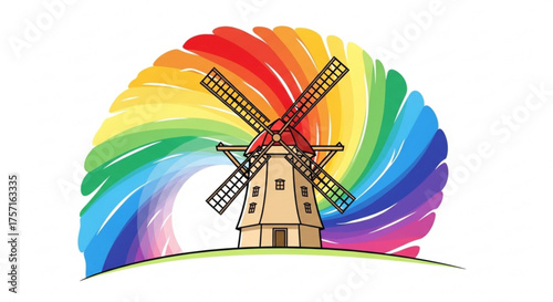 Cartoon windmill illustration with vibrant swirling rainbow arc, representing renewable energy, sustainability, colorful future, and creativity
