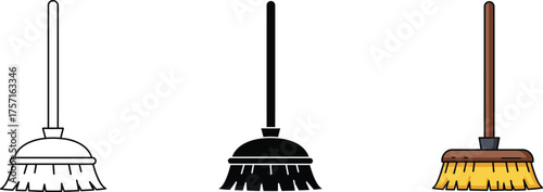 Set of three broom icons demonstrating different styles for cleaning and household chores vector