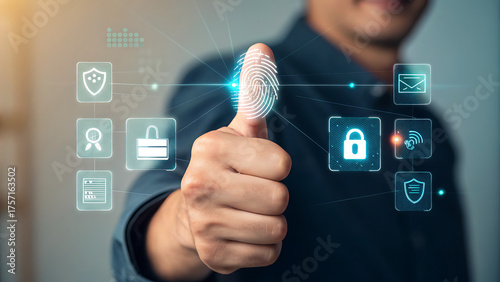 A man gives a thumbs up with a fingerprint icon and other security icons floating around his hand, representing biometric authentication