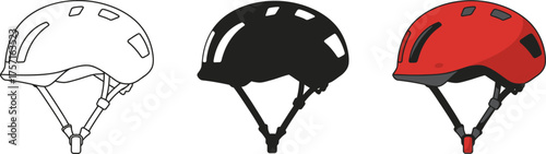 Protective cycling helmets three styles wireframe solid black and bright red safety gear for sports and outdoor activities vector