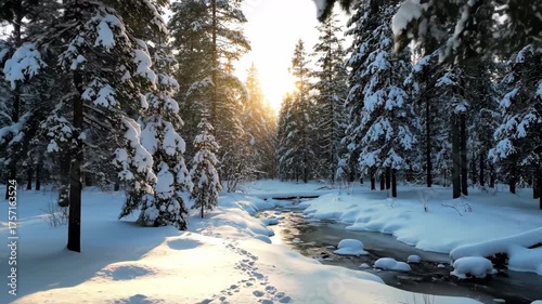 Winter landscape with snowy trees and a river at sunrise  