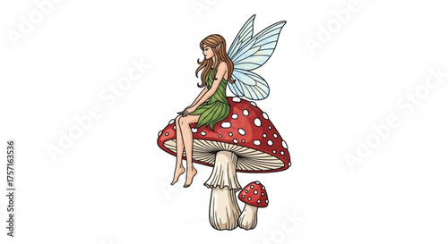 Fairy with delicate wings and leaf dress sitting serenely on a vibrant red toadstool mushroom with white spots, accompanied by a smaller fungi.