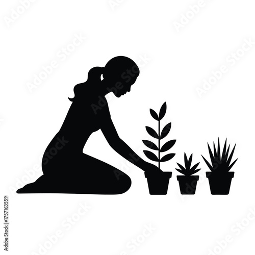 Silhouette of woman gardening with potted plants scalable vector illustration for graphic design projects silhouette vector illustration white background